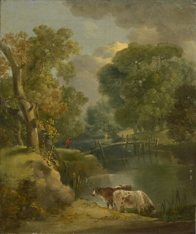 Paisaje fluvial con dos vacas y una figura en un puente, siglo XVIII de Thomas Gainsborough
