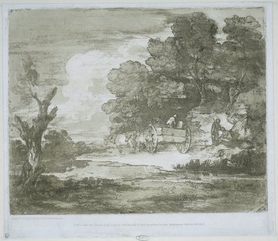 Paisaje con un carro tirado por caballos a lo largo de un paseo marítimo y un borde de bosque de Thomas Gainsborough