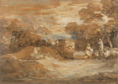 Paisaje montañoso con figuras, ovejas y fuente de Thomas Gainsborough