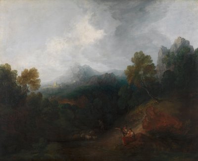 Valle de montaña con figuras y pueblo lejano de Thomas Gainsborough