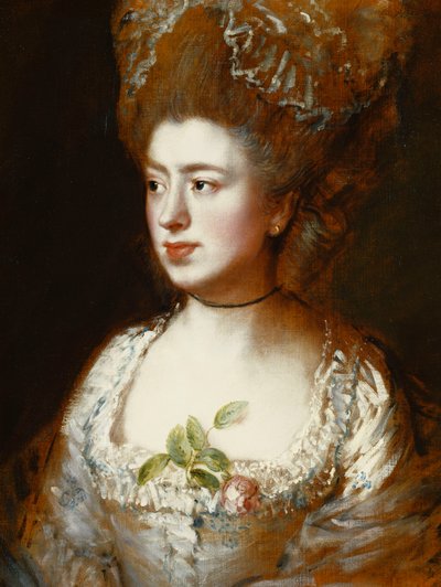 Retrato de la señorita Mary Gainsborough, luego Sra. Fischer, la hija del artista, cabeza y hombros, mirando a su derecha, vistiendo un vestido azul y blanco con una rosa rosa en su corsé de Thomas Gainsborough