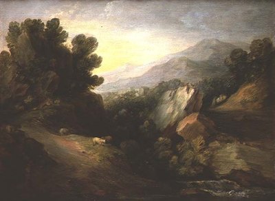 Paisaje rocoso y boscoso con ovejas junto a una cascada de Thomas Gainsborough