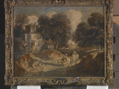 Paisaje boscoso con campesinos montados (tinta, blanco de plomo y gouache sobre papel montado en lienzo) de Thomas Gainsborough