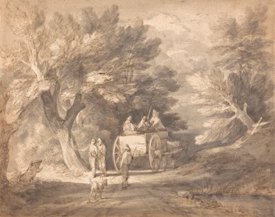 Paisaje boscoso con carro de campo y figuras caminando por un carril de Thomas Gainsborough