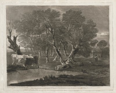 Paisaje boscoso con vacas junto a un estanque, figuras y cabaña de Thomas Gainsborough