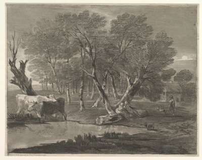 Paisaje boscoso con vacas junto a un estanque, figuras y cabaña, 1775-80 de Thomas Gainsborough