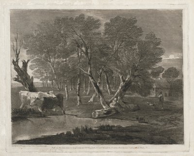Paisaje Boscoso con Vacas junto a un Estanque, Figuras y Cabaña, publicado en 1797 de Thomas Gainsborough