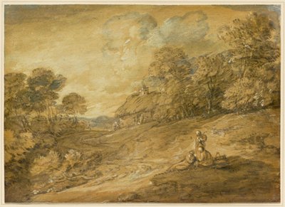 Paisaje boscoso con figuras y sendero sinuoso que conduce a una cabaña de Thomas Gainsborough