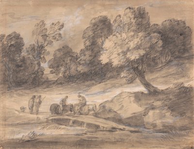 Paisaje boscoso con figuras a caballo cruzando un puente de Thomas Gainsborough
