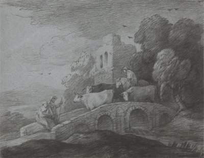 Paisaje boscoso con pastor conduciendo ganado por un puente, amantes rústicos y castillo en ruinas de Thomas Gainsborough