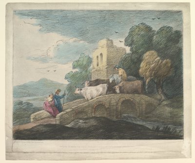 Paisaje boscoso con pastores conduciendo ganado sobre un puente, amantes rústicos y castillo en ruinas de Thomas Gainsborough