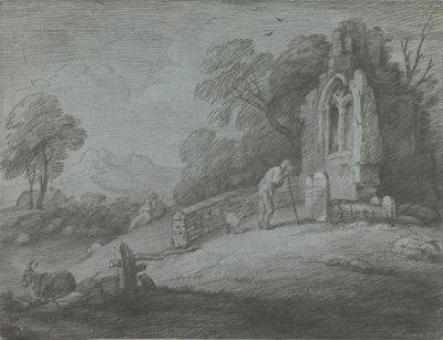 Paisaje boscoso con campesino leyendo una lápida, amantes rústicos e iglesia en ruinas de Thomas Gainsborough