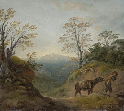 Paisaje boscoso con un niño guiando un burro y un perro, y un panorama extenso con edificios y colinas distantes, principios de 1760s de Thomas Gainsborough