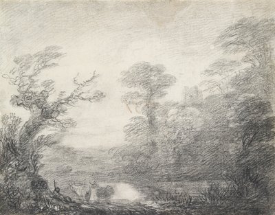 Paisaje boscoso con pastor, vacas y torre de iglesia, 1753-1757 de Thomas Gainsborough