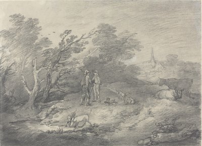 Bosques cerca de un pueblo con cazadores de conejos y sus galgos de Thomas Gainsborough