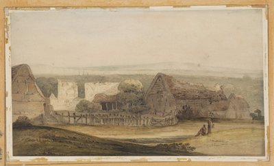 Un amplio edificio con construcciones agrícolas y ruinas de una iglesia de Thomas Girtin