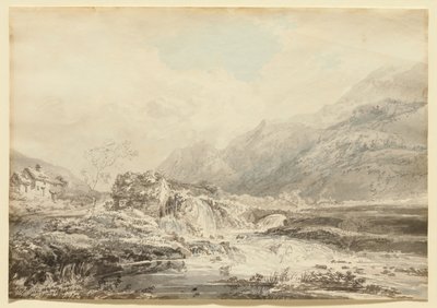 Paisaje montañoso con molino de rueda hidráulica superior y puente de Thomas Girtin