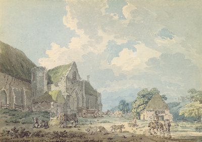 El granero del diezmo en Abbotsbury con la abadía en la colina, c.1795 de Thomas Girtin