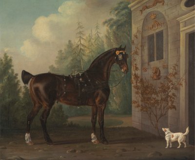 Caballo carruaje bayo oscuro de Lord Abergavenny con un Terrier de Thomas Gooch