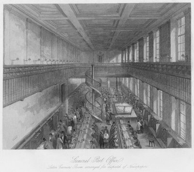 Oficina General de Correos. Sala de carteros arreglada para el despacho de periódicos, c. 1841 de Thomas H. Ellis