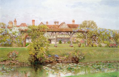 Gran Tangley Manor, Surrey, con el estanque de lirios y el paseo cubierto de Thomas H. Hunn