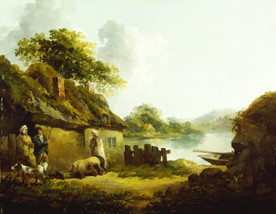 Una familia gitana fuera de un granero en un paisaje (óleo sobre lienzo) de Thomas Hand