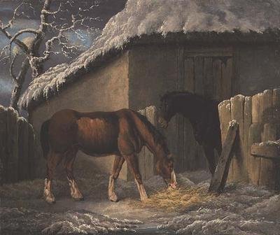 Un paisaje invernal con dos caballos alimentándose fuera de un establo (1804) de Thomas Hand