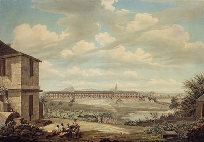 Vista en la isla de Antigua: los cuarteles ingleses y la iglesia de San Juan vistos desde el hospital, c.1775-1776 de Thomas Hearne
