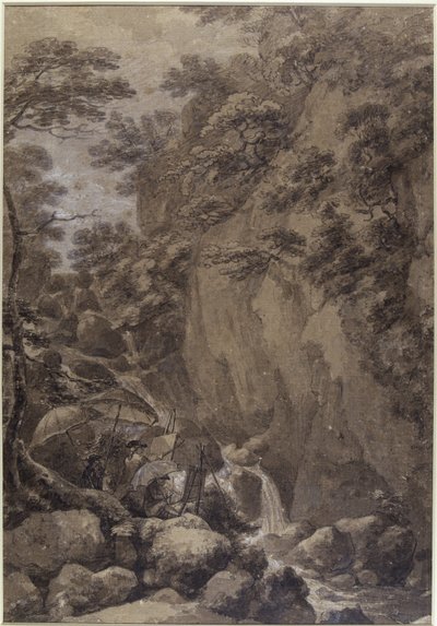 Sir George Beaumont y Joseph Farington pintando una cascada, 1777 de Thomas Hearne