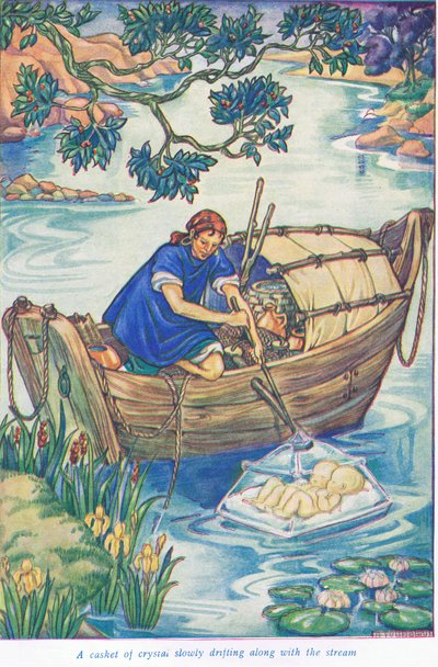 Un cofre de cristal flotando a lo largo del arroyo (litografía en color) de Thomas Heath Robinson