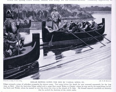 Edgar remado por el Dee por reyes vasallos AD973 (litografía) de Thomas Heath Robinson