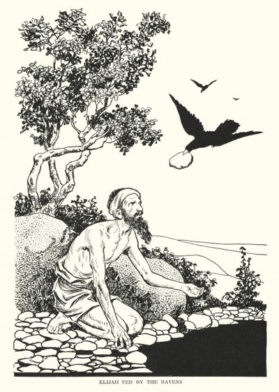 Elías alimentado por los cuervos (litografía) de Thomas Heath Robinson