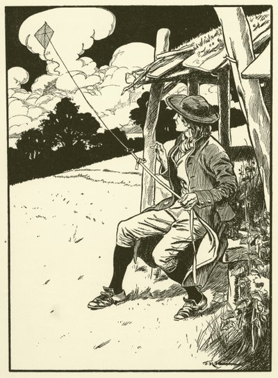 Franklin y su cometa (grabado) de Thomas Heath Robinson