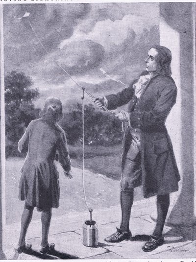 Franklin probando rayos y fenómenos eléctricos, ilustración de 
