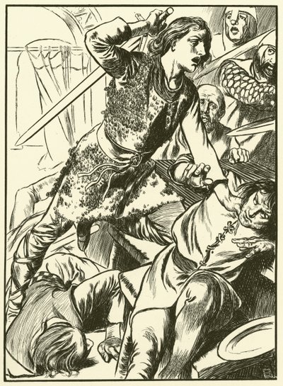 Hereward y sus hombres atacan a los normandos (grabado) de Thomas Heath Robinson