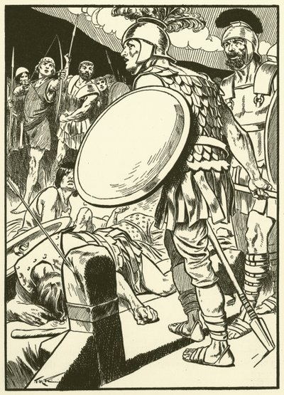 Horacio en el puente (grabado) de Thomas Heath Robinson
