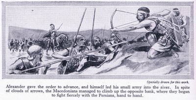 Cómo conquistó Alejandro su imperio: Darío, rey de Persia, reunió un gran ejército que fue derrotado por los macedonios en 334 a.C., c.1950 (litografía). de Thomas Heath Robinson