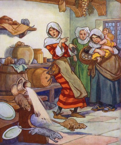 Ilustración de El flautista de Hamelin (litografía en color) de Thomas Heath Robinson