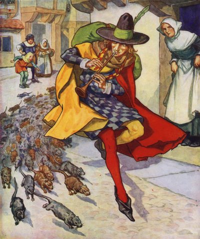 Ilustración de El flautista de Hamelin (litografía en color) de Thomas Heath Robinson