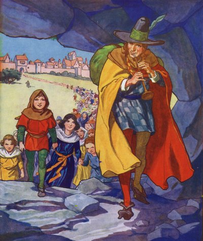 Ilustración de El flautista de Hamelin (litografía en color) de Thomas Heath Robinson