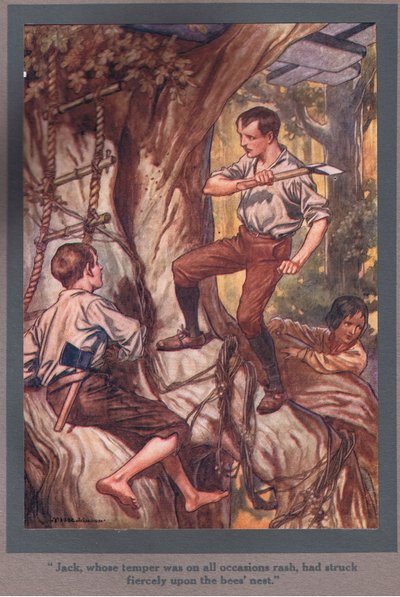 Jack, cuyo temperamento era temerario en todas las ocasiones, había golpeado ferozmente el nido de abejas (litografía en color) de Thomas Heath Robinson