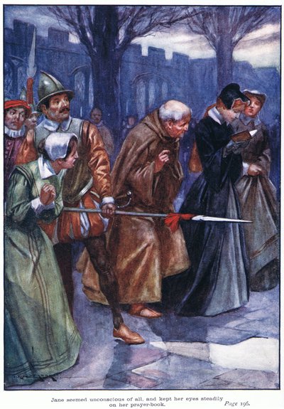 Jane parecía no darse cuenta de nada y mantenía los ojos fijos en su libro de oraciones (litografía en color). de Thomas Heath Robinson