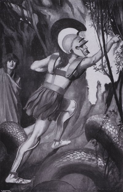 Jason saltó hacia adelante . . . y arrancó el vellón del tronco del árbol (litho) de Thomas Heath Robinson