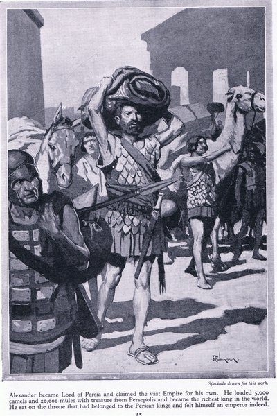 Saqueando una ciudad de tesoros: Alejandro se convirtió en señor de Persia. Cargó con todos los tesoros de Persépolis para hacerse muy rico, c.1950 (litografía) de Thomas Heath Robinson