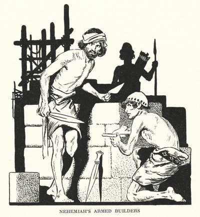 Los constructores armados de Nehemías (litografía) de Thomas Heath Robinson