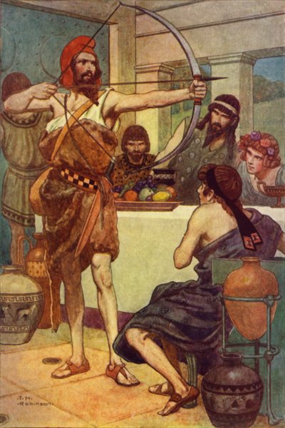 Odiseo castiga a los pretendientes (litografía en color) de Thomas Heath Robinson
