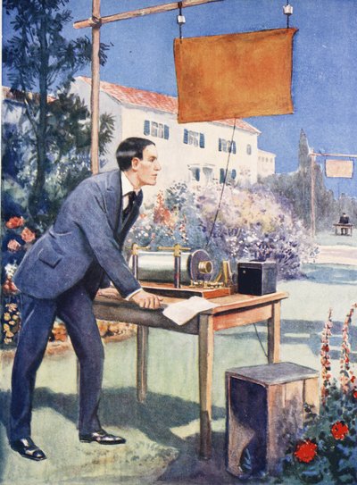 Uno de los primeros experimentos de Marconi (litografía en color) de Thomas Heath Robinson