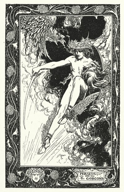 Perseo y las Gorgonas (litografía) de Thomas Heath Robinson