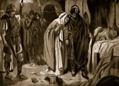 La reina Ethelburga convence a Ine de Wessex para que renuncie a la corona, 728, ilustración de "Hutchinson
