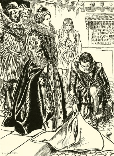 Raleigh extiende su capa ante Isabel (grabado) de Thomas Heath Robinson